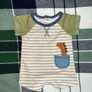 0-3m Mudpie Striped Baby Romper with Dinosaur Patch